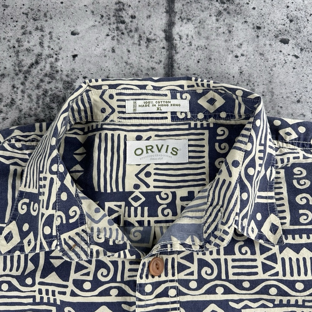 VTG 90s Orvis Shirt Men Large Polynesian Hawaiian Button Up Camp Gray Tan Beach - Picture 3 of 7